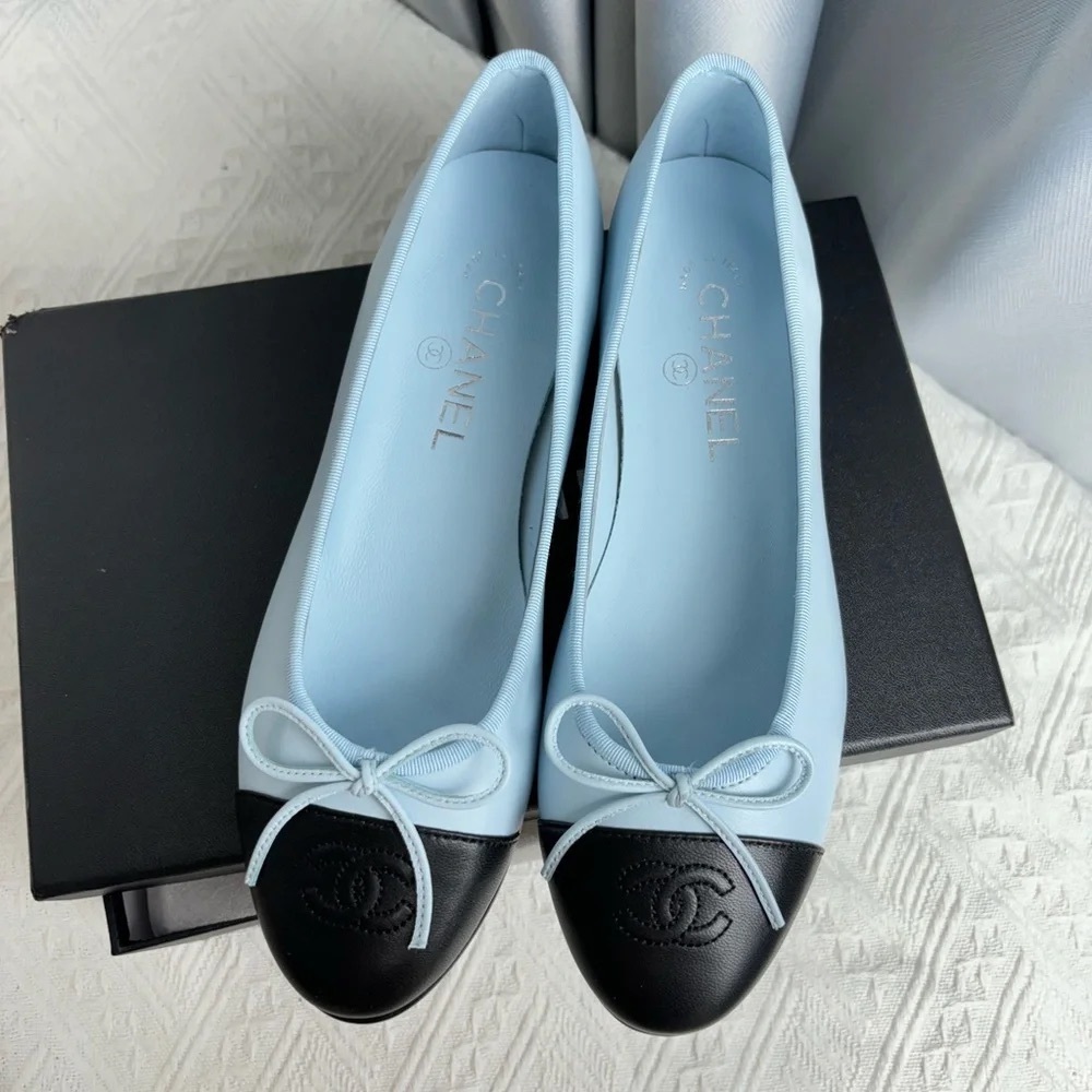 Chanel Light Blue Black Ballet Flats